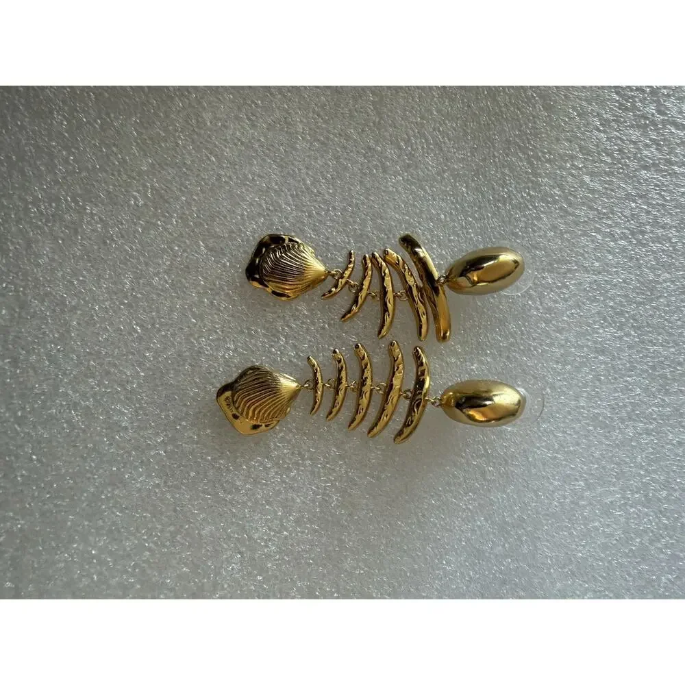 NEW J Crew Gold Fishbone Nautical Fish Dangle Earrings